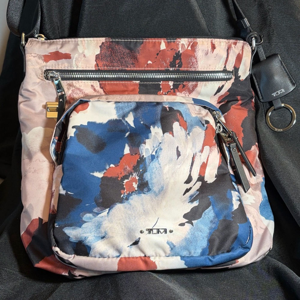 Tumi Carmel,  Crossbody, Voyager, floral tapestry, leather trim travel bag